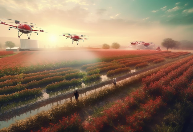 drones vliegen over boerderij veld smart farming concept ai gegenereerd