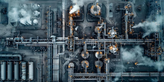 A drones wide aerial shot shows an LNG plant from above Concept Industrial Infrastructure Aerial Photography LNG Plant Drone Captures Wide Angle Shot