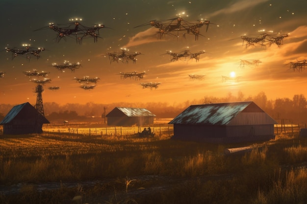 Drones zwermen rond een zonnepanelenboerderij gemaakt met generatieve AI