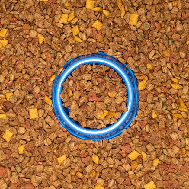 Droog kattenvoedsel in een close-up van een bord Complete kattenvoeding bovenaan