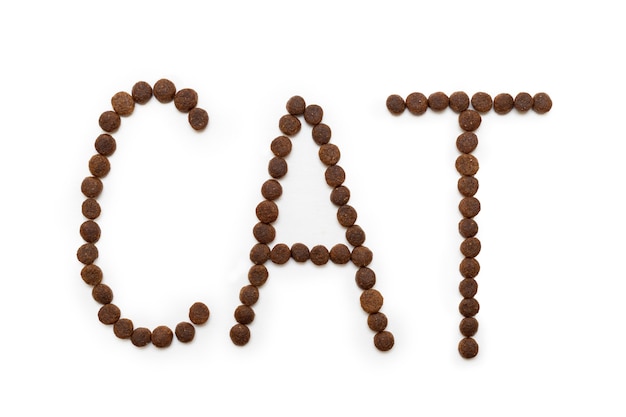 Droog kattenvoer in de vorm van letters CAT, geïsoleerd op een witte achtergrond, kopieer ruimte, bovenaanzicht. Het concept van liefde voor huisdieren. Voedsel voor katten en honden. Gezond voedselconcept voor huisdieren.
