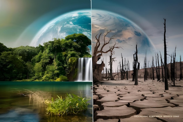 Foto droog land versus groen land gespleten fotografie