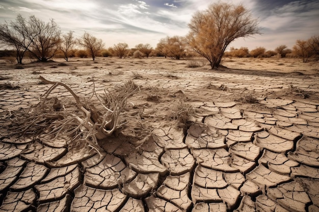 Droogte het probleem van de toekomst van de planeet waterschaarste warmte opwarming van de aarde Gevolgen van klimaatverandering zoals woestijnvorming en droogte dorre uitgedroogde dode bomen