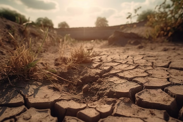Droogte levenloos droog gebarsten aarde opgedroogd reservoir op een warme zonnige dag