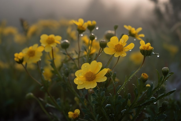 Droogtetolerante plant met gele bloemen in de mist van ochtenddauw gecreëerd met generatieve ai