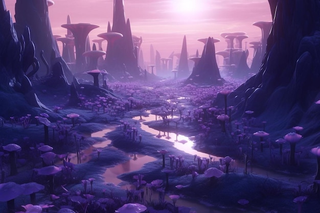 Droomachtig en surrealistisch landschapspapier in paarse tinten