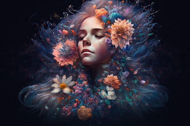 Foto droomachtig portret van een vrouw met haar van bloemen die een galaxy jurk draagt