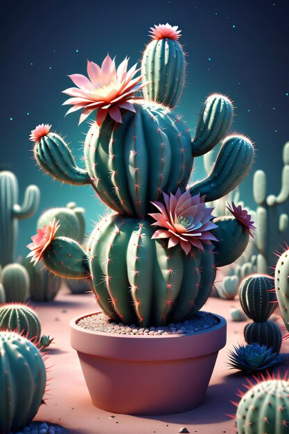 Foto droomachtige 3d-weergave van een magische cactus.