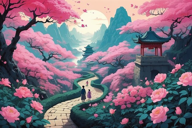 Droomachtige dwalingen te midden van Chinese rozenbloesems Illustratie