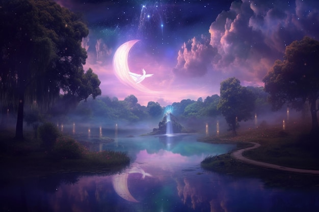 Droomachtige nachtelijke landschappen met mystieke hemelse wezens Generatieve AI