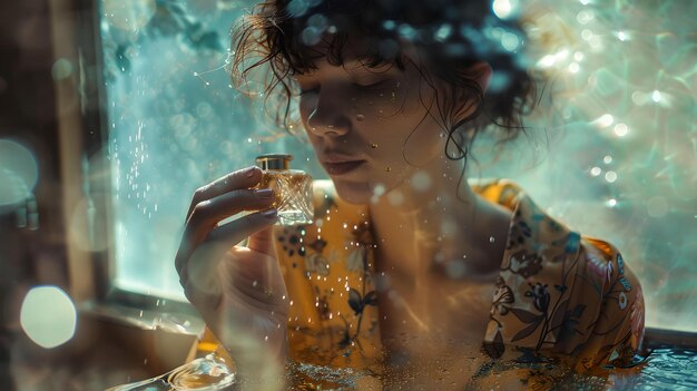 Droomende portret van een vrouw met parfum bokeh lichten intieme omgeving artistieke stemming ideaal voor lifestyle advertenties AI