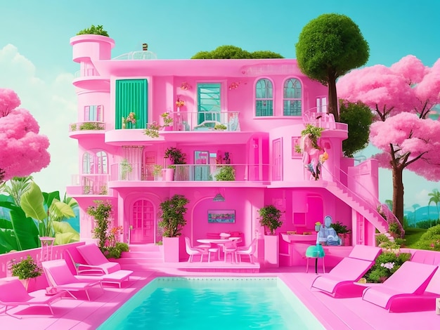 droomhuis barbie met zwembad en blauwe lucht