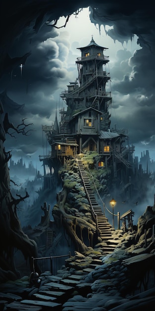 Droomland in de nacht met berg surrealistische fantasie donkere mystieke fantasie