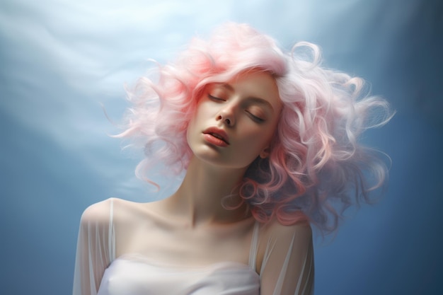 Droomportret van een vrouw met roze wolken als haar zachte pastelkleuren