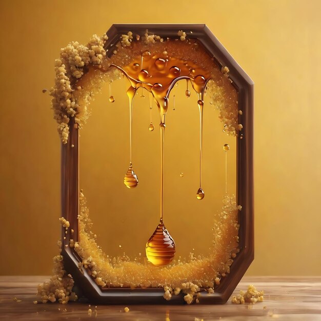 Drop of bee honey drip from hexagonal honeycombs filled with golden nectar honeycombs summer composi