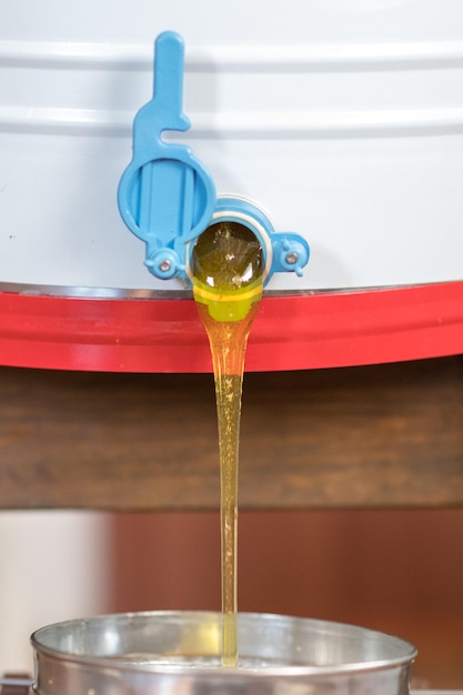 Photo drop of bee honey drip from hexagonal honeycombs filled with golden nectar honeycombs summer composition consisting of drop natural honey drip on wax frame bee drop of bee honey drip in honeycombs