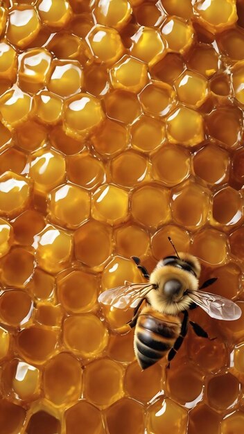 Drop of bee honey drip from hexagonal honeycombs