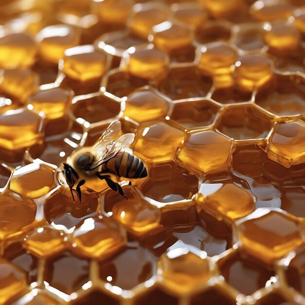 Drop of bee honey drip from hexagonal honeycombs