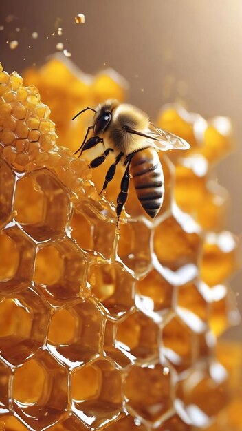 Drop of bee honey drip from hexagonal honeycombs