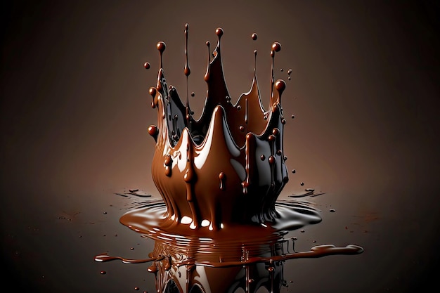 Drop of dark melting chocolate in form of crown with chocolate splash on black background