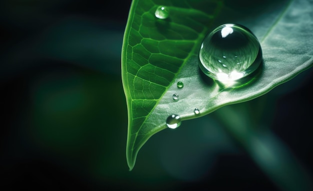 A drop of dew on a green leaf