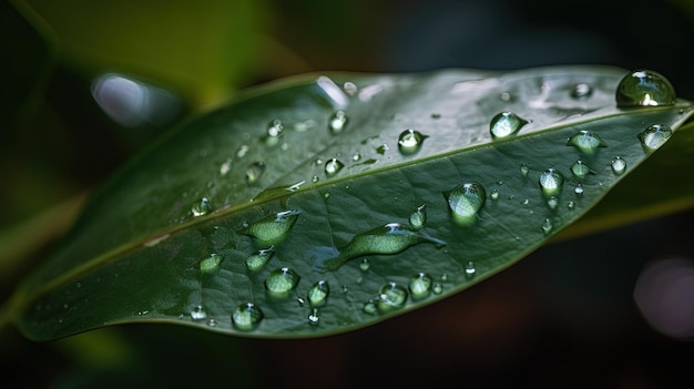 A drop of dew hangs from a leaf.