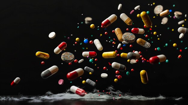 Drop different colorful medical pills on black background unfocused