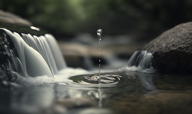 drop falling into a spring of fresh water closeup Horizontal banner Outdoor wildlife background