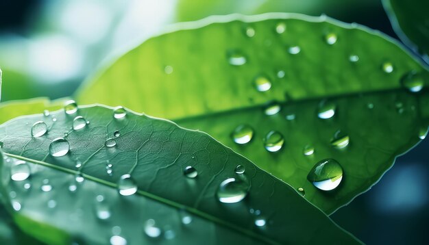 A drop of rain or dew on green leaves