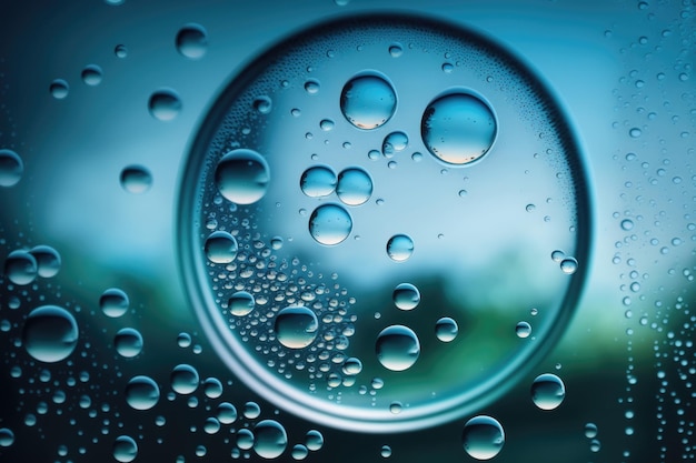 Drop of rain on glass on blue background background out of focus rain on glass