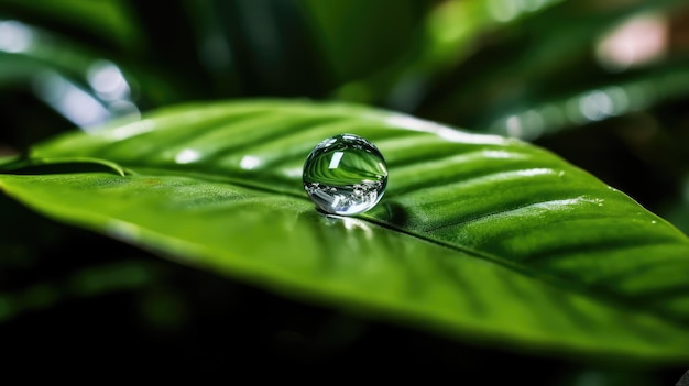 Drop of water on green leaf