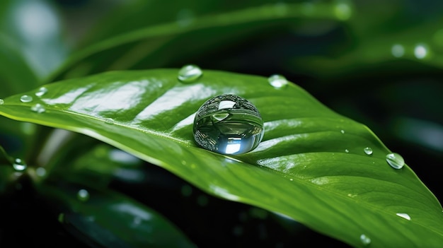 Drop of water on green leaf