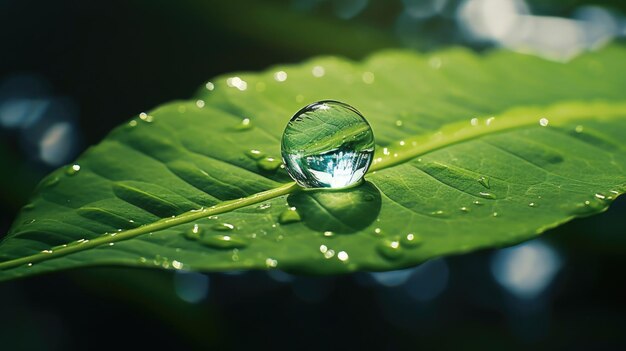 Drop of water on green leaf