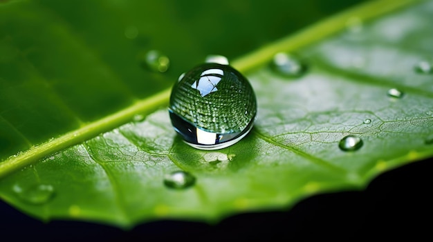 Drop of water on green leaf