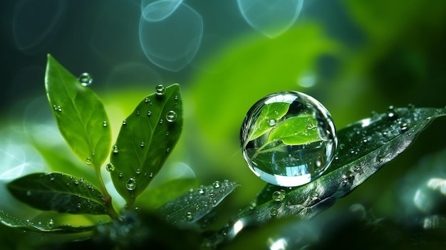 A drop of water on a green leaf