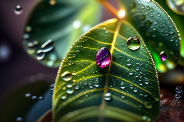 A drop of water on a green leaf