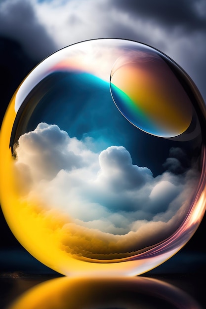 A drop of water is in a glass ball with a rainbow in the background