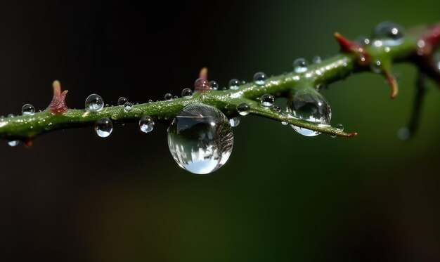 A drop of water is reflected in a green stem.