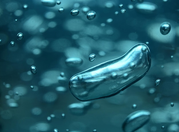 A drop of water is shown in a blue background.