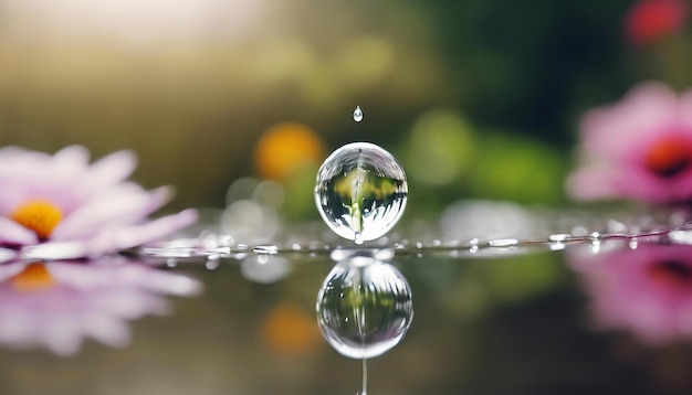 Foto una goccia d'acqua è seduta su una superficie circondata da fiori