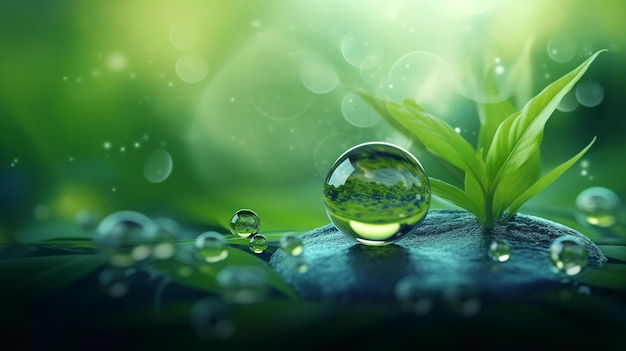 A drop of water on a leaf with a green background