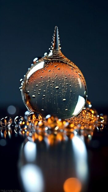 a drop of water on a mirror with the reflection of the sky in the background.