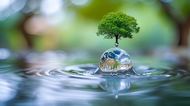 나무가 자라는 지구의 모양의 물방울