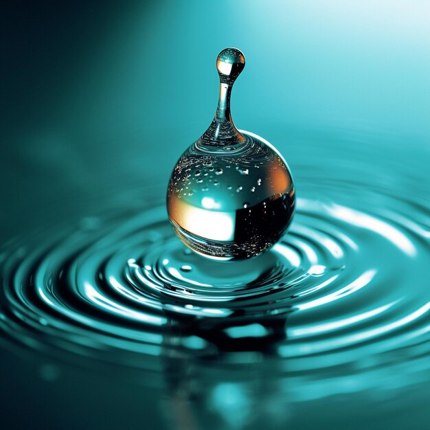 Photo a drop of water on the surface rippling overall light blue focus