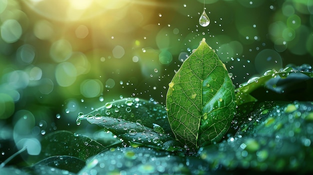 녹색 잎과 함께 떨어지는 물방울 낮은 폴리 스타일 디자인 추상적인 기하학적 배경 와이어 프레임 빛 연결 구조 현대 3D 그래픽 생태 개념 고립