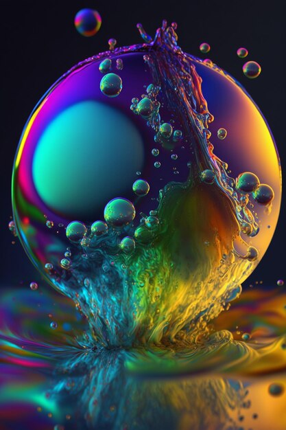 A drop of water with a rainbow colored background.