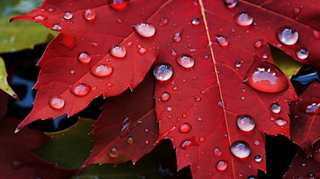 Droplets of dew on a vibrant red maple leaf highlighting the contrast of colors