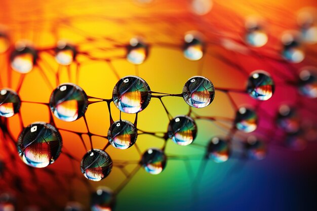 Photo droplets on a spider web refracting a full rainbow spectrum