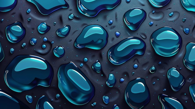 The droplets of water condensing on black background with light reflection on dark surface Abstract wet texture scattered pure aqua blobs Realistic 3D modern illustration