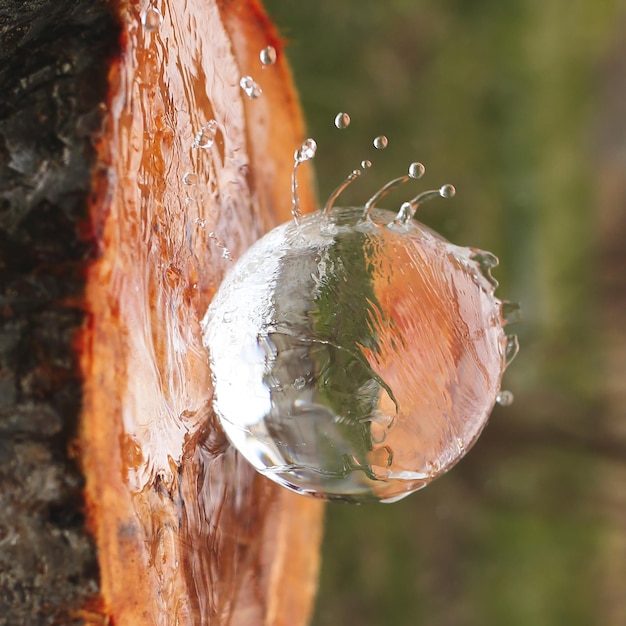 水滴は切り株に横たわっているレンズボールをはじく